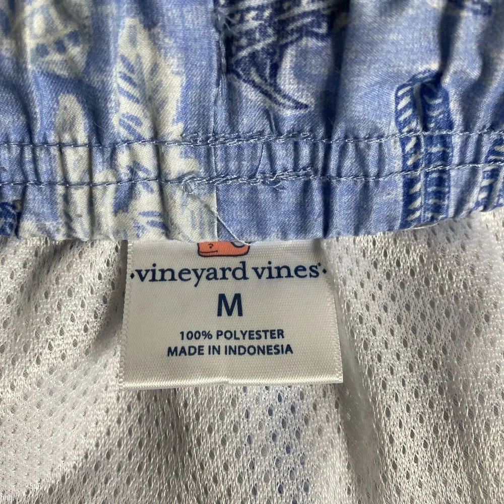 Vineyard Vines Swim Trunks Mens Size M Blue White lined Logo draw string elastic